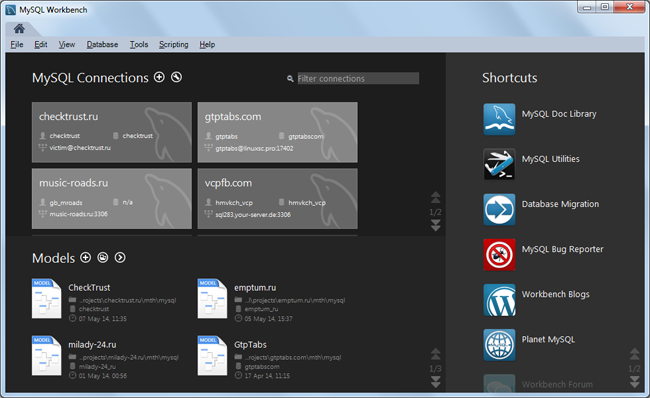 Стартовый экран MySQL Workbench
